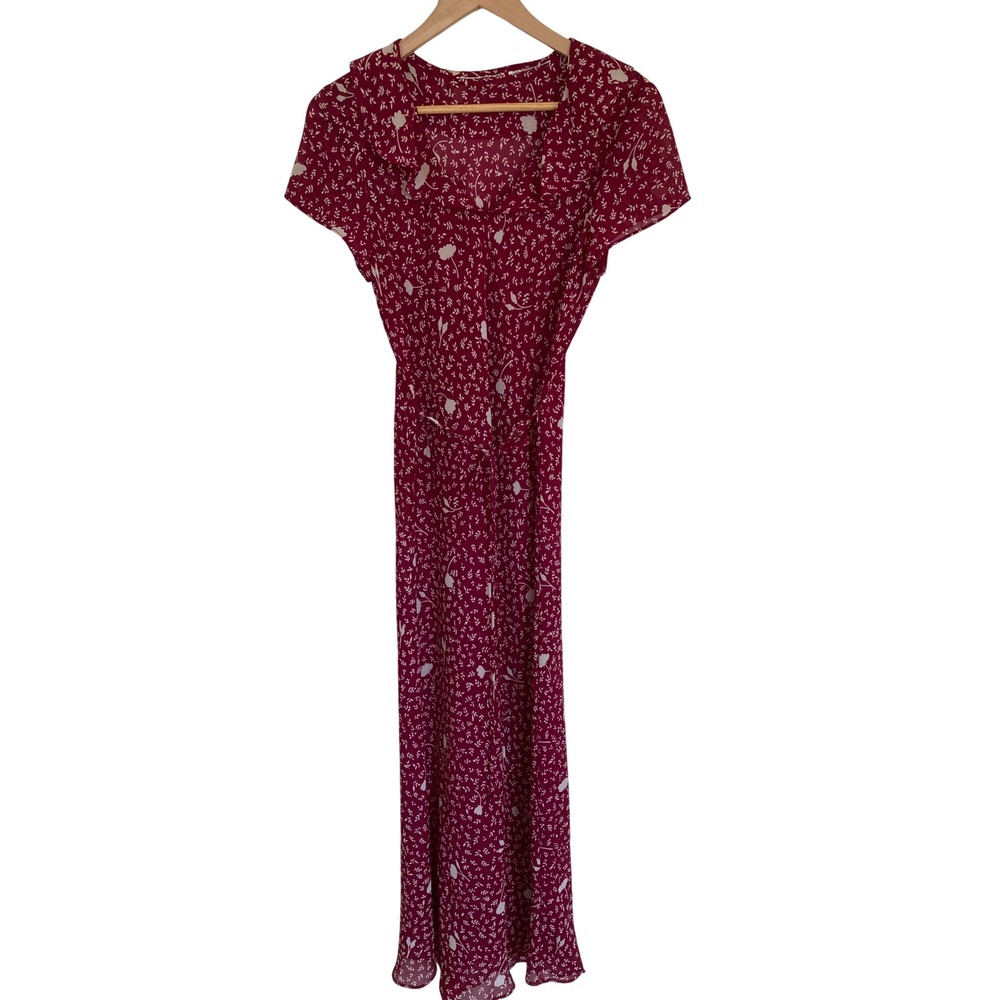 Womens Burgundy Floral Sheer V-Neck Maxi Dress Tie Waist Short Sleeve Size L